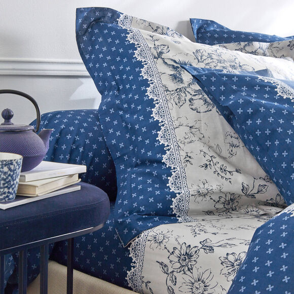 Linge de lit Gabrielle en coton imprimé pois, fleurs et dentelle (bleu marine) Linge de lit Gabrielle en coton imprimé pois, fleurs et dentelle (bleu marine)